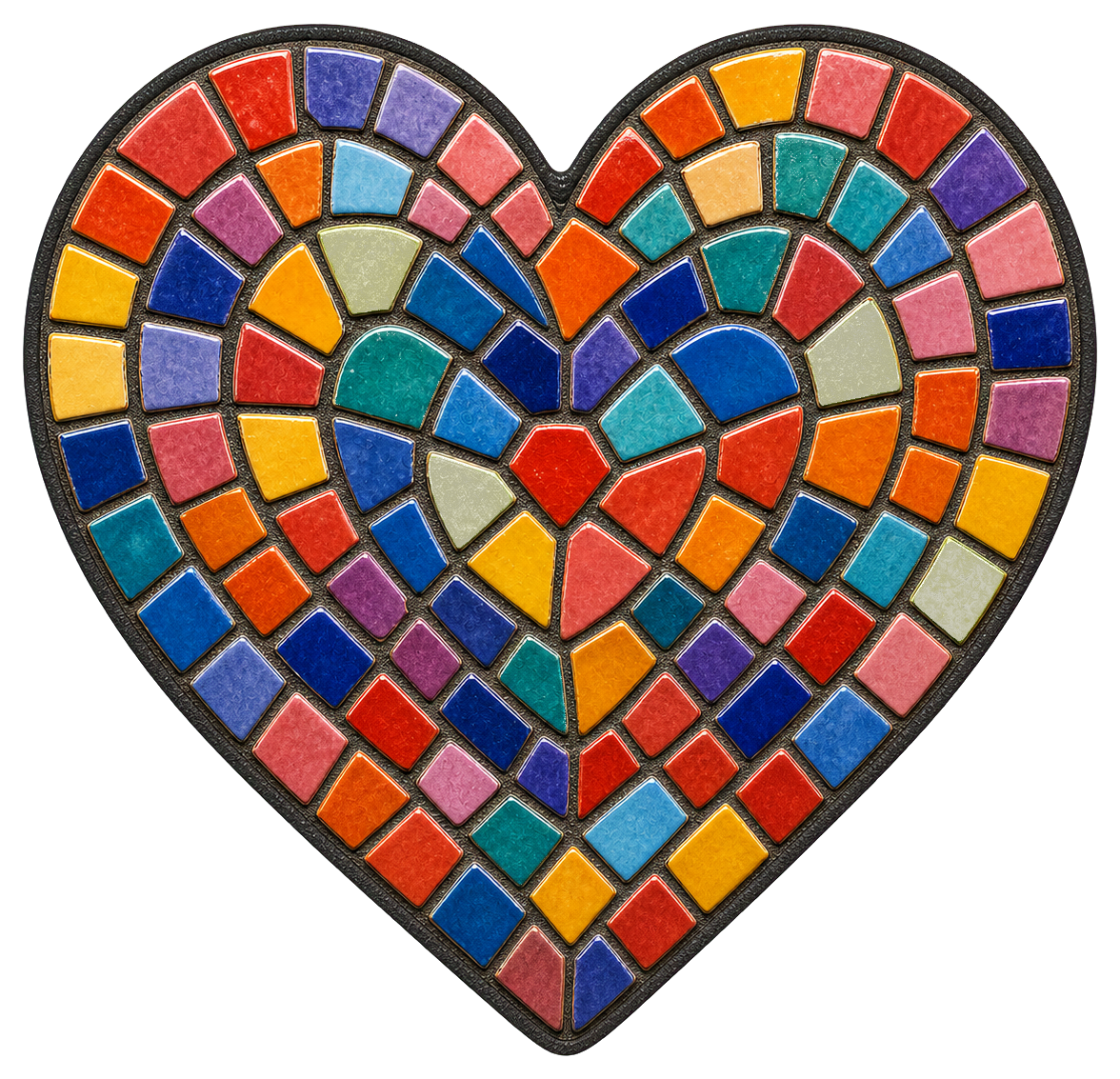 Colorful heart made of small mosaic tiles in red, blue, orange, and pink