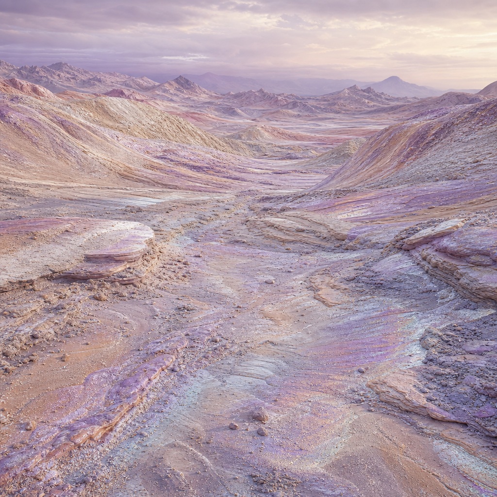 Iridescent lavender desert ravine with layered hills and a hazy sky
