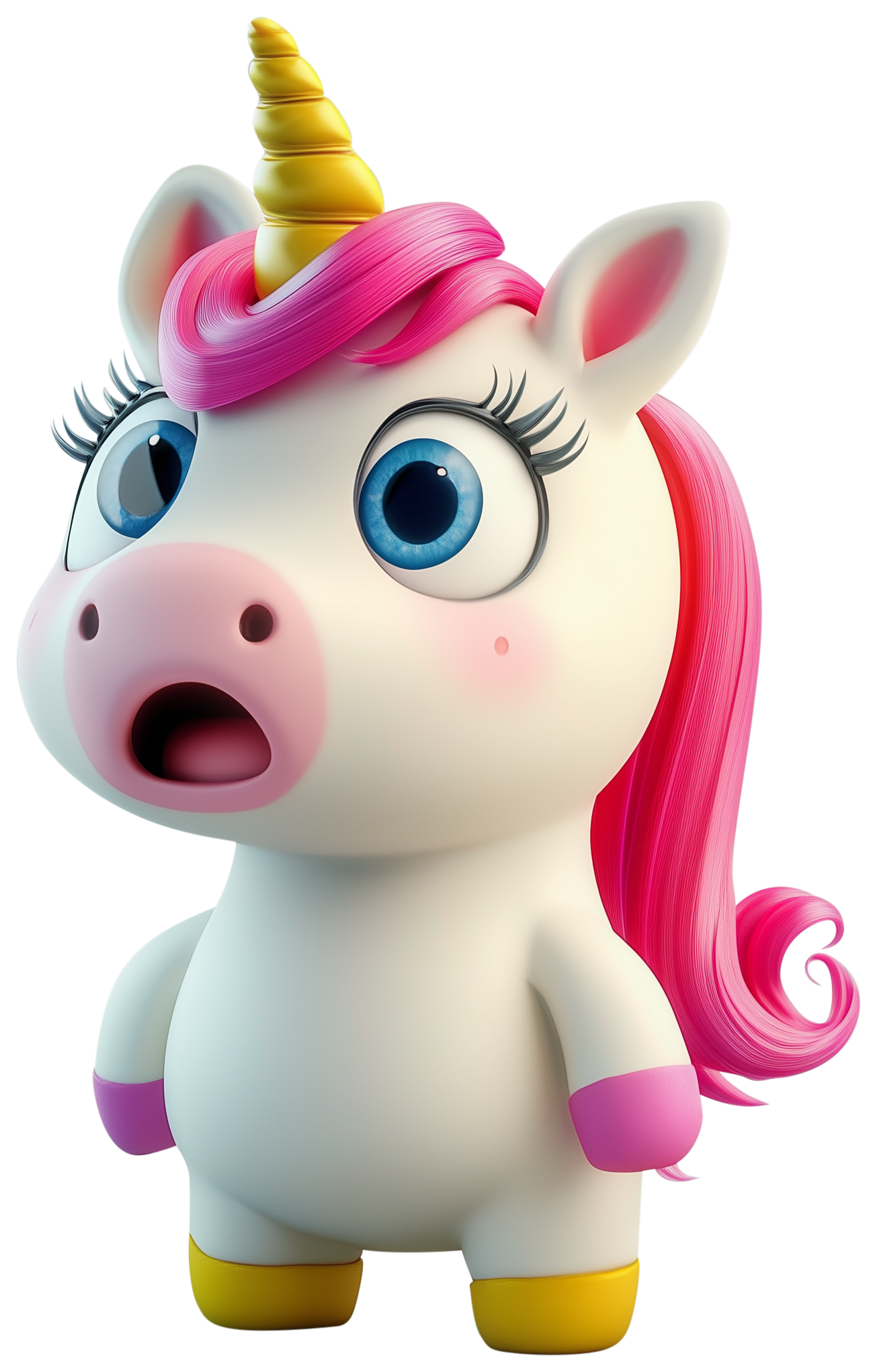 Cute 3D unicorn emoji with pink mane, blue eyes, and a surprised expression