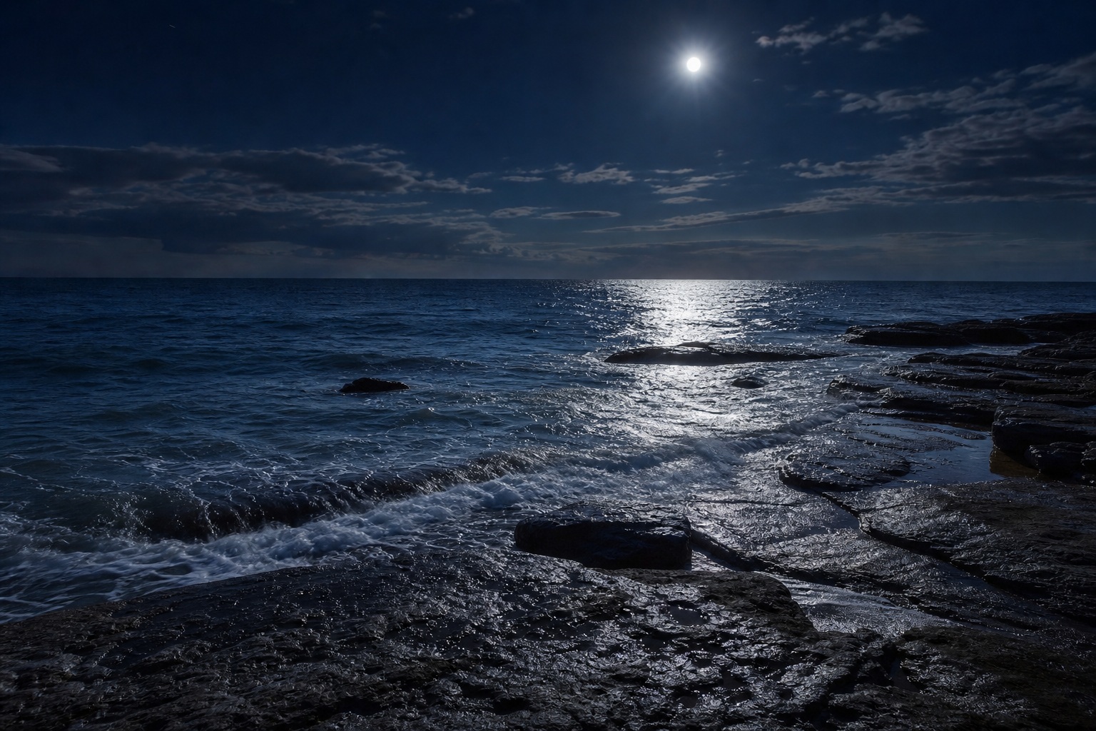 Preview for Moonlit Ocean Rocky Shoreline Background