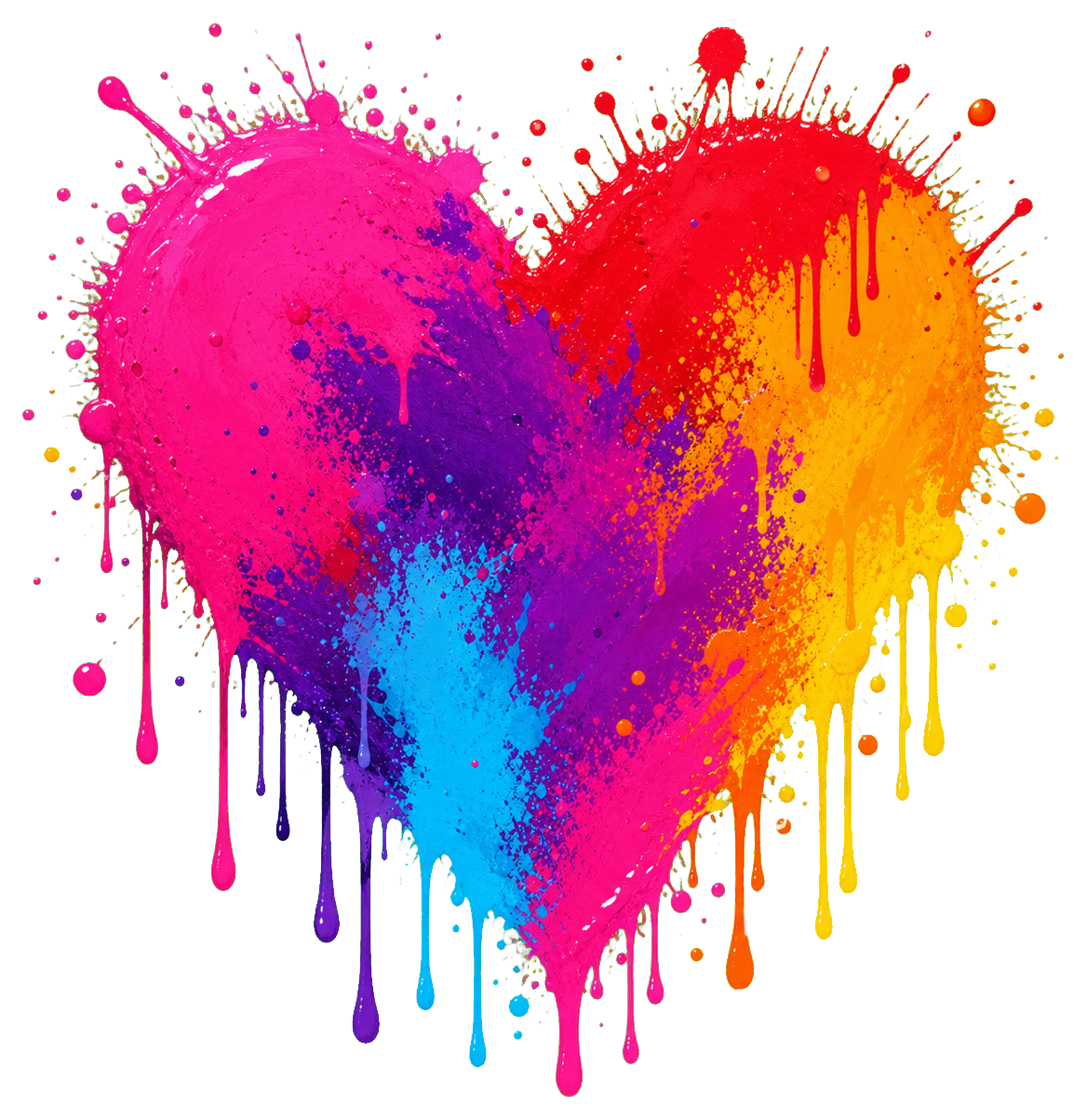 Colorful neon heart with dripping paint edges and splatter effects