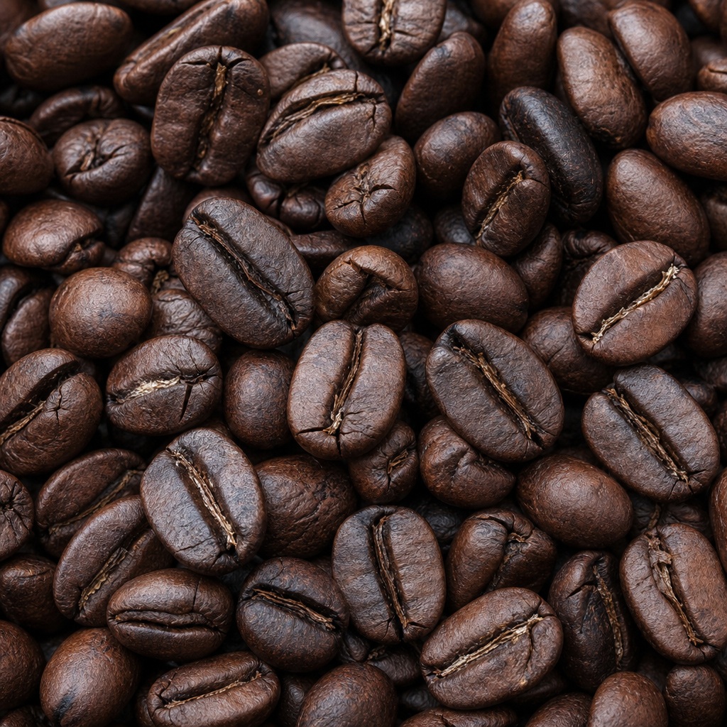Close-up pile of roasted coffee beans with visible ridges and dark earthy tones