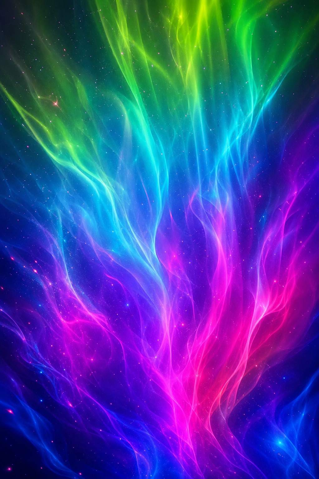 Vertical abstract background with blue, green, purple, and pink glowing light streaks