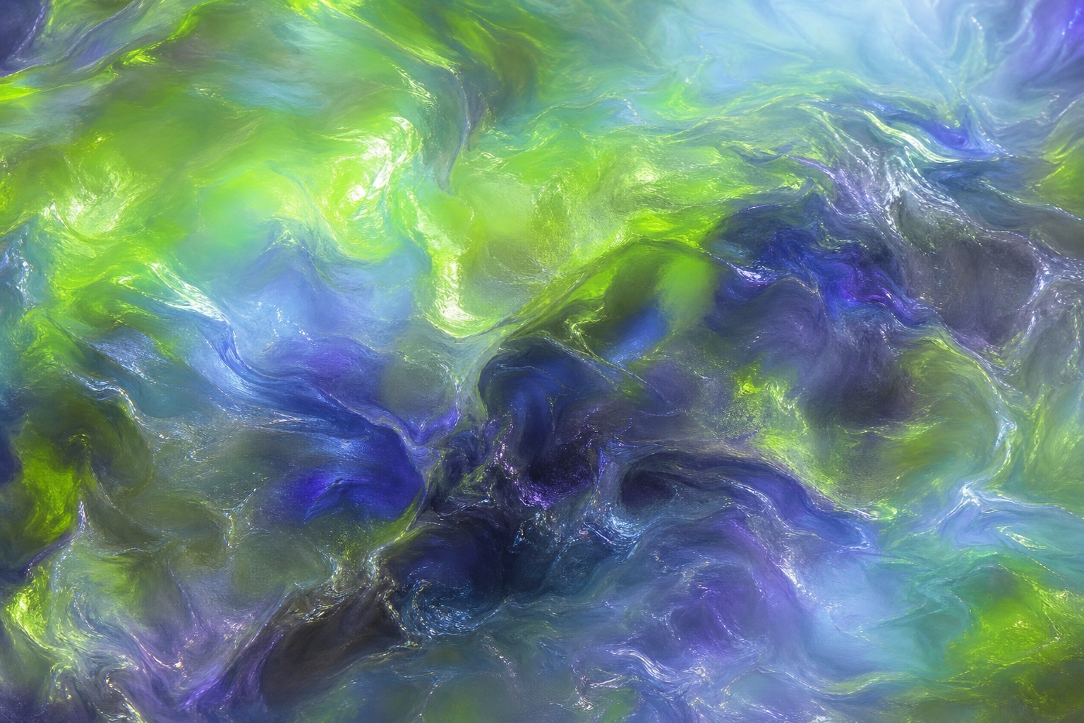 Swirling lime, indigo, and blue holographic resin texture with a glossy cloud-like surface