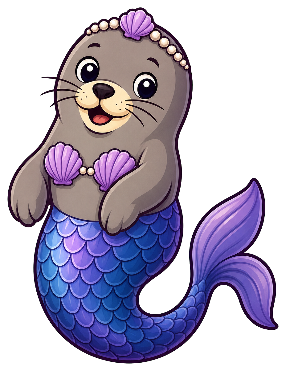 Cute seal with a purple mermaid tail, shell top, and seashell headband