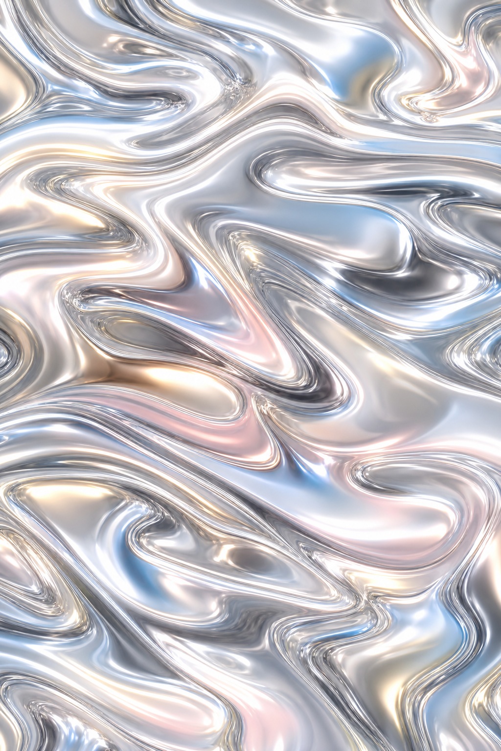 Abstract high key pearl liquid chrome with flowing reflective metallic waves