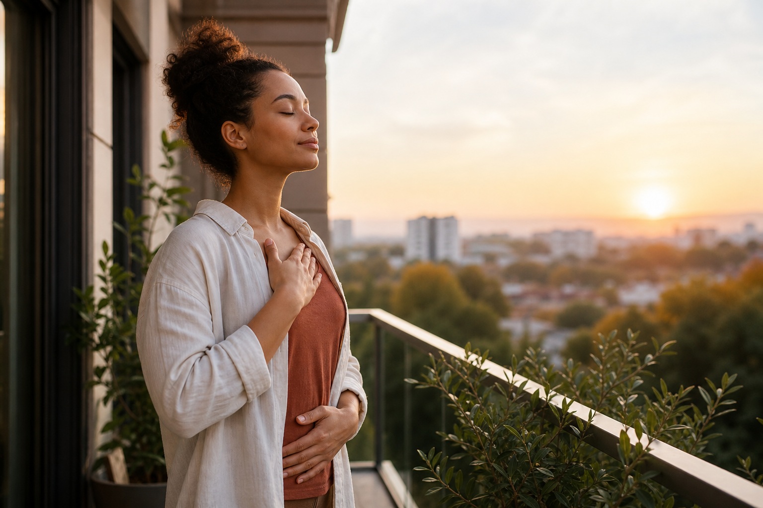 Woman standing on a balcony at sunrise with eyes closed and hand on chest