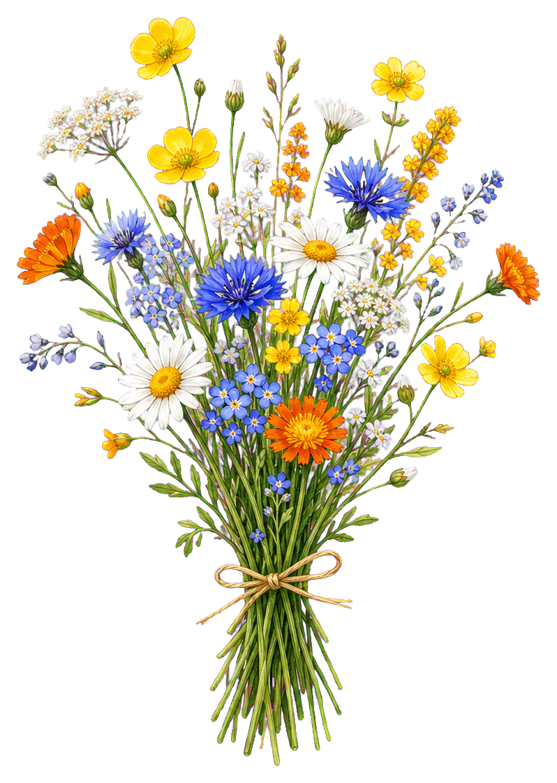 Colorful wildflower bouquet tied with a ribbon on a transparent background