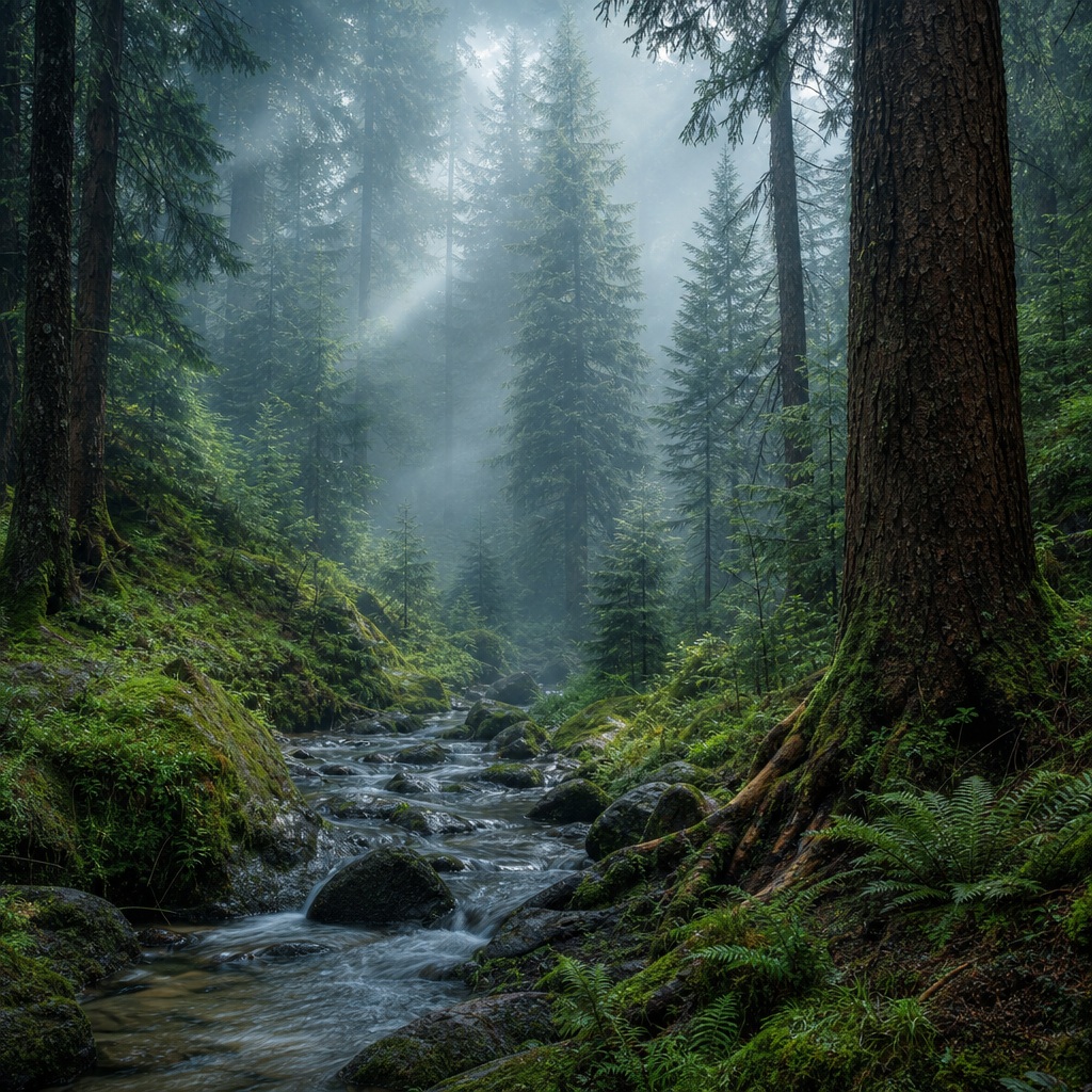 Tall pine trees and mist surround a mossy forest stream under soft light.