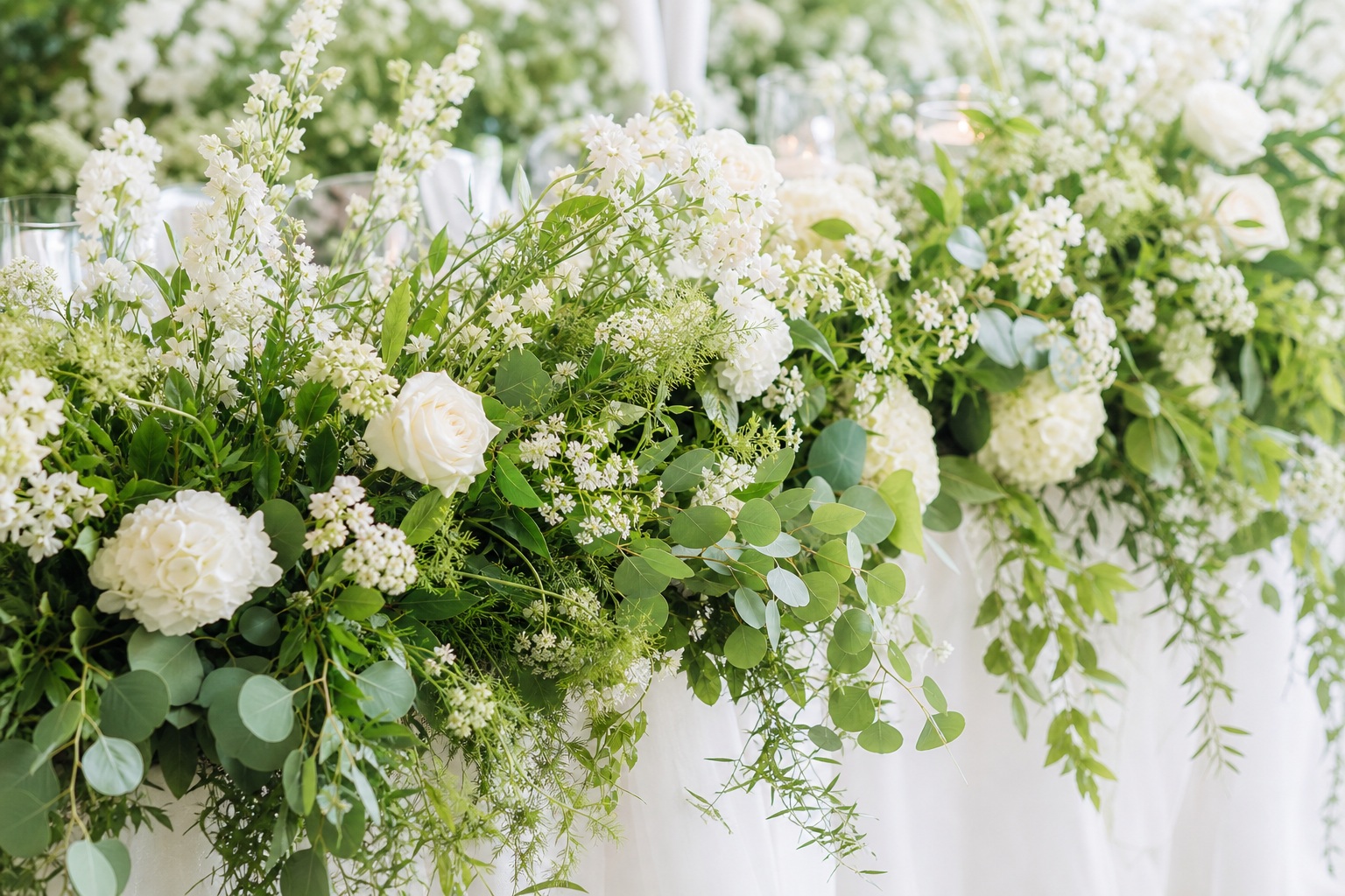 White floral arrangement with eucalyptus greenery over a softly lit table backdrop.