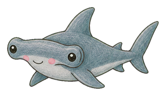 Cute gray hammerhead shark sticker with a smiling face and pink cheeks