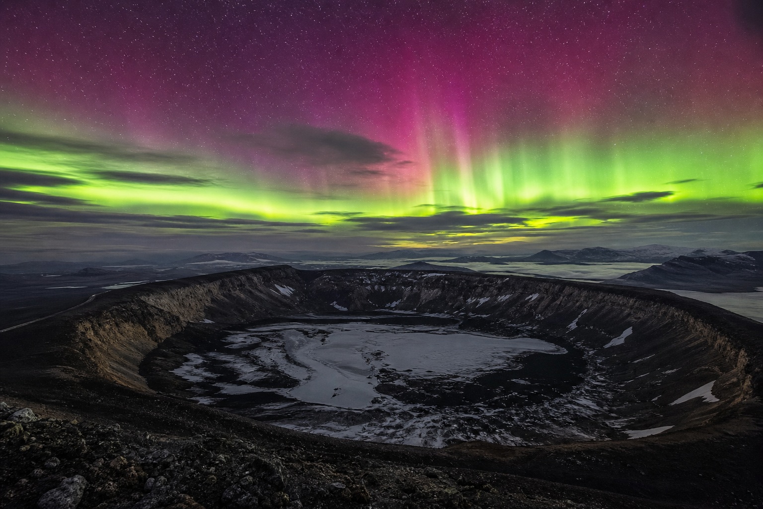 Preview for Aurora Night Volcanic Crater Rim Background