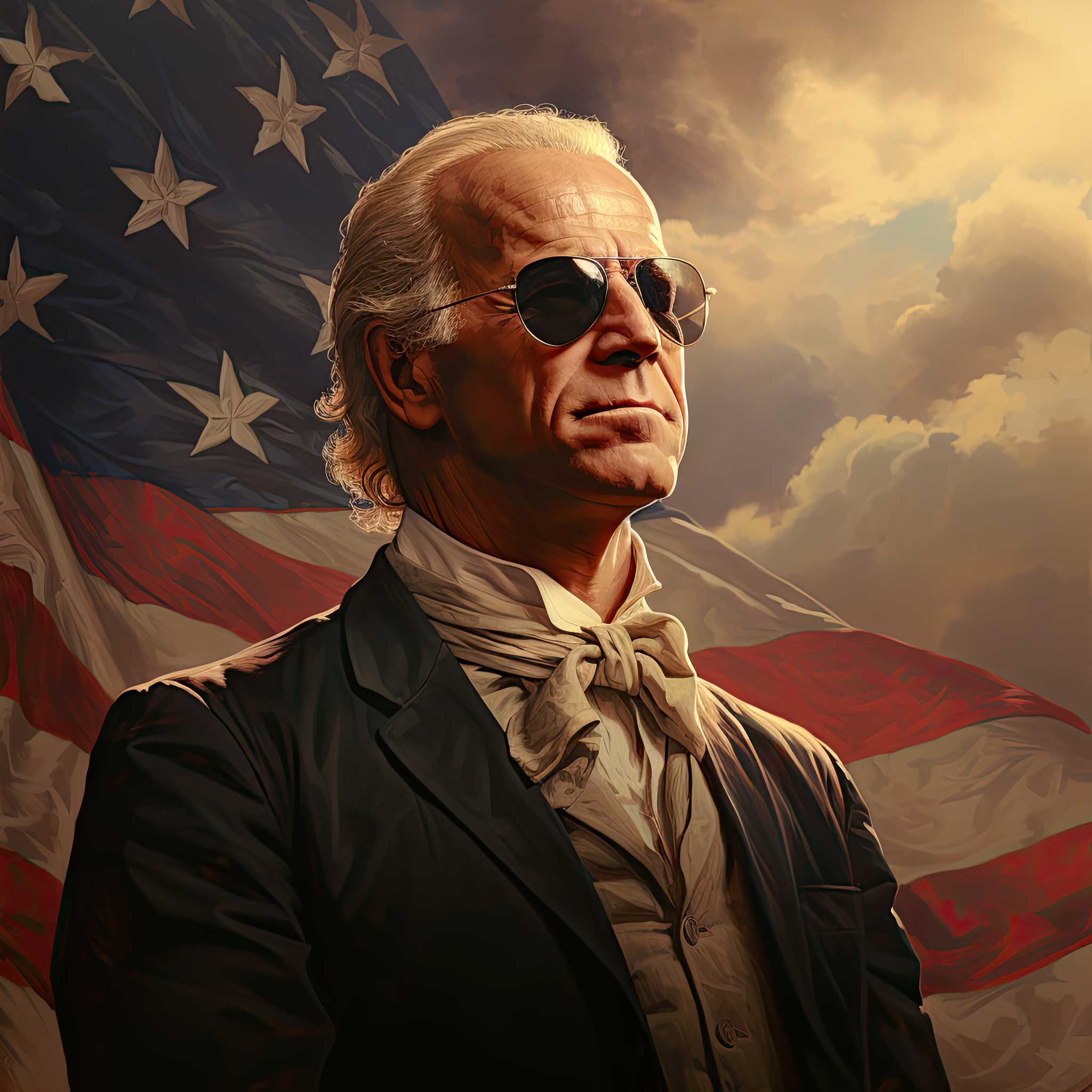 Older man in sunglasses in front of an American flag with a dramatic sky.
