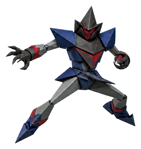 Origami-style evil robot with sharp angular armor in a dynamic action pose.