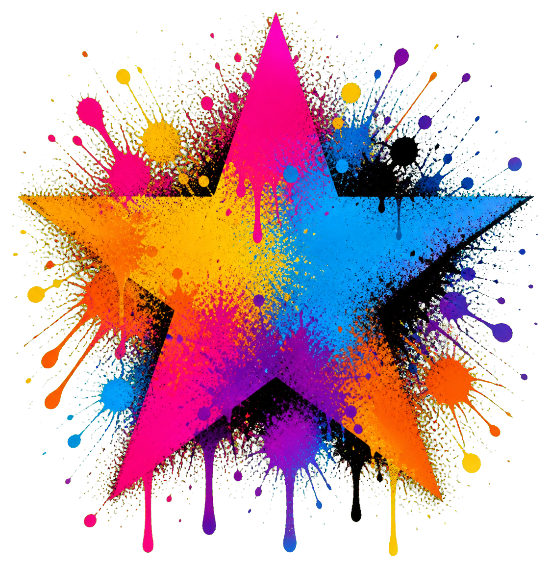 Bright multicolor star with paint splashes and drips in a graffiti style