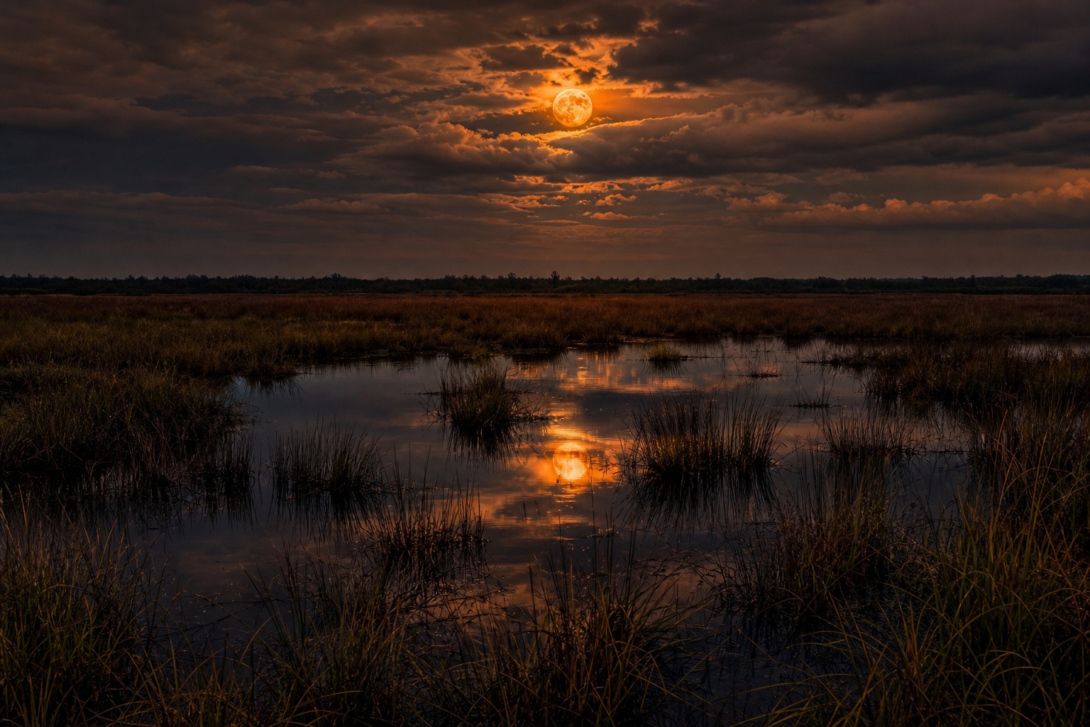 Dark marshland with water reflections and orange glowing sky over grasses.