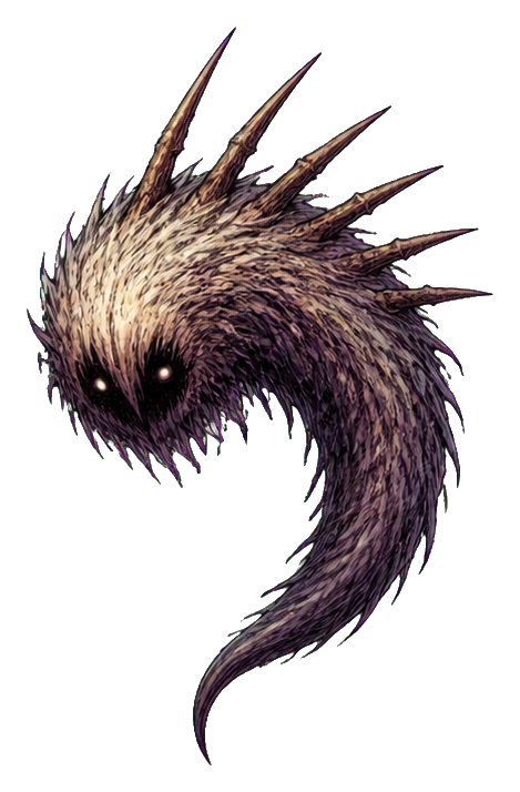 A dark shaggy monster with sharp white bristles and glowing eyes on a black background