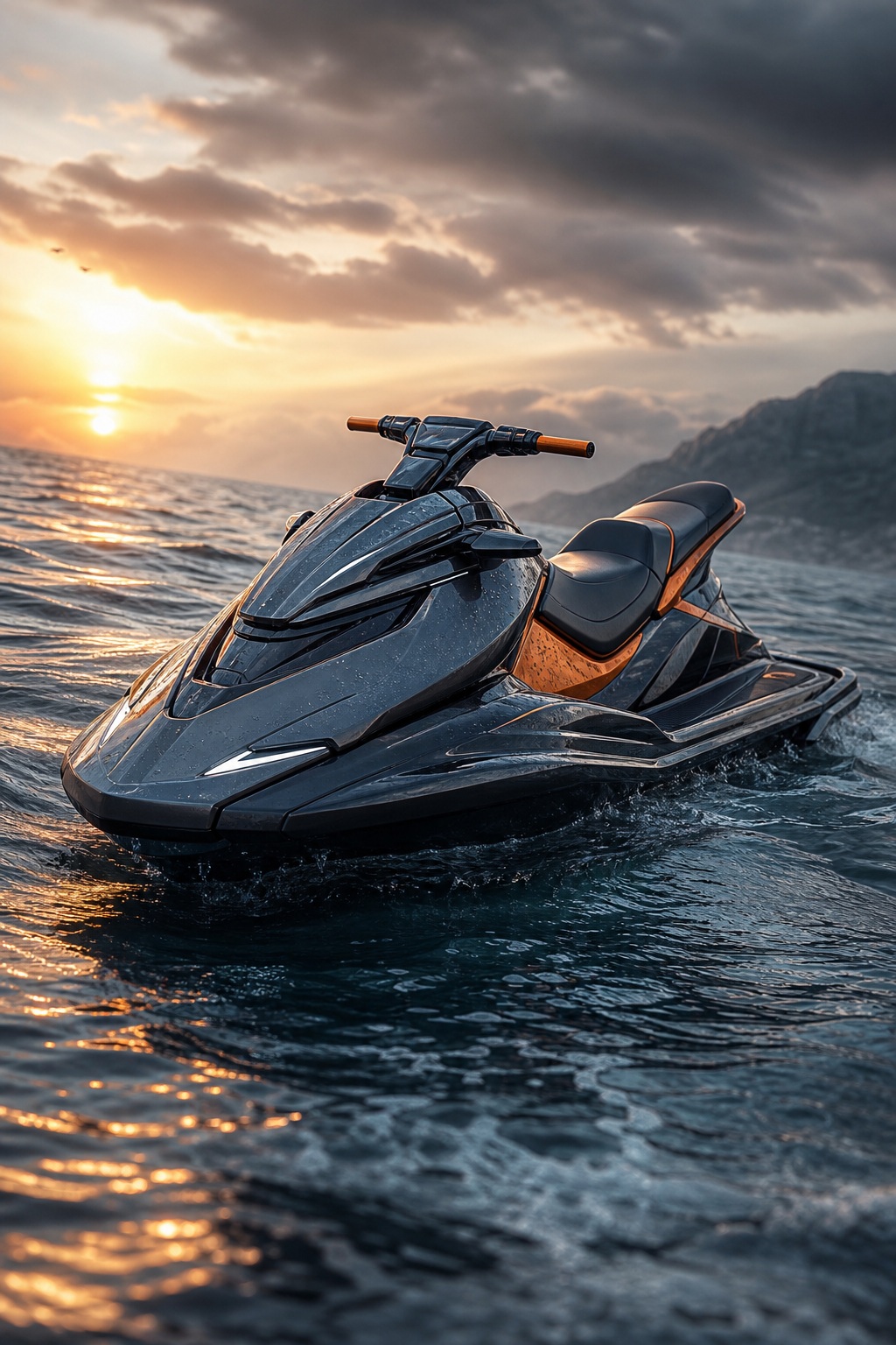 A sleek personal watercraft riding on choppy water at sunset with glowing reflections.