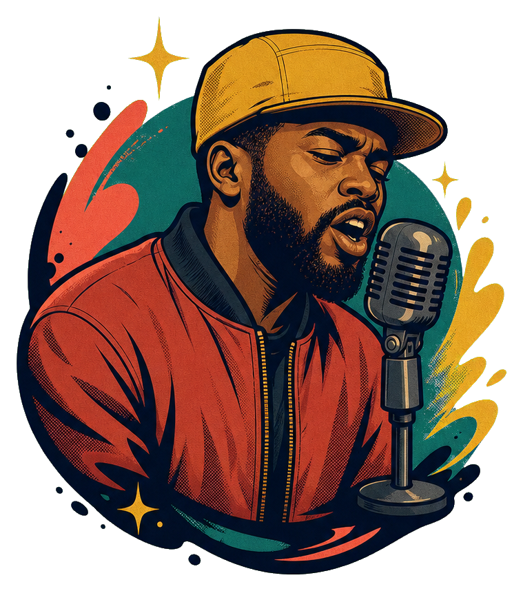 Illustrated hip hop singer wearing a gold cap beside a vintage microphone
