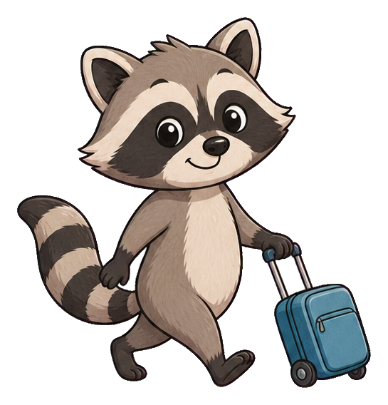 Cartoon raccoon pulling a blue roller bag.