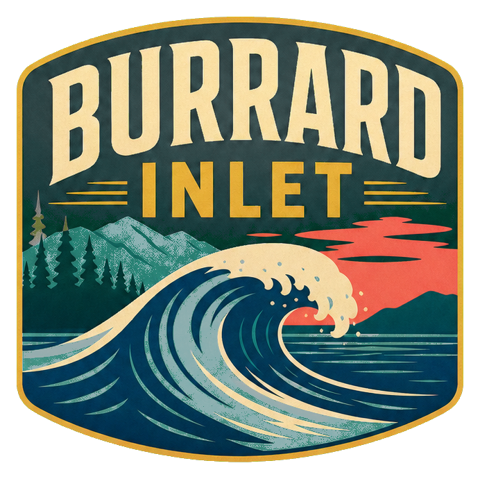Retro Burrard Inlet sticker with a large wave, trees, and sunset badge design.