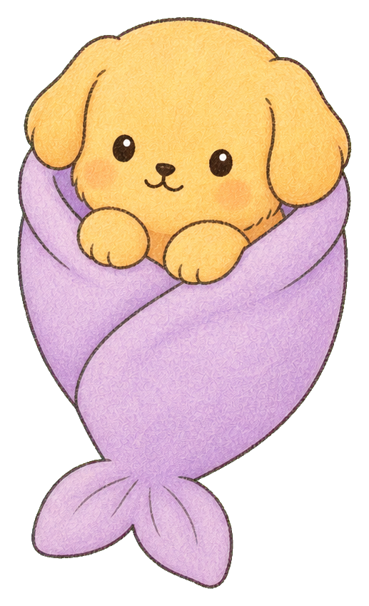Cute puppy wrapped in a purple mermaid blanket with a soft kawaii style.