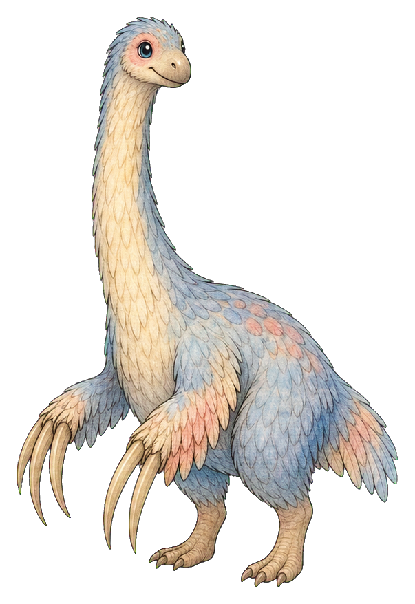 Cute Therizinosaurus with long claws and pastel-colored feathers standing on white background