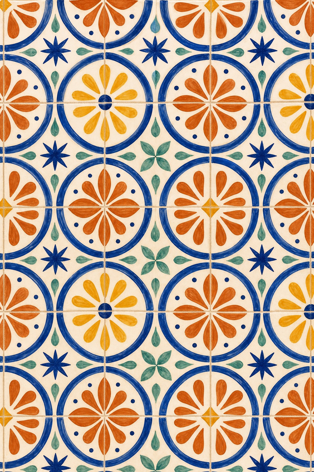 Painted Mediterranean tile pattern with blue, orange, and teal floral medallions