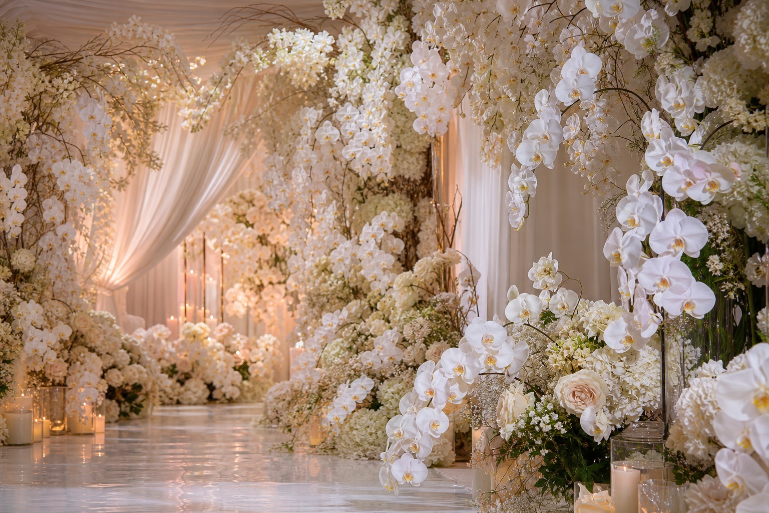 White floral wedding arch with draped fabric and a flower-lined aisle.