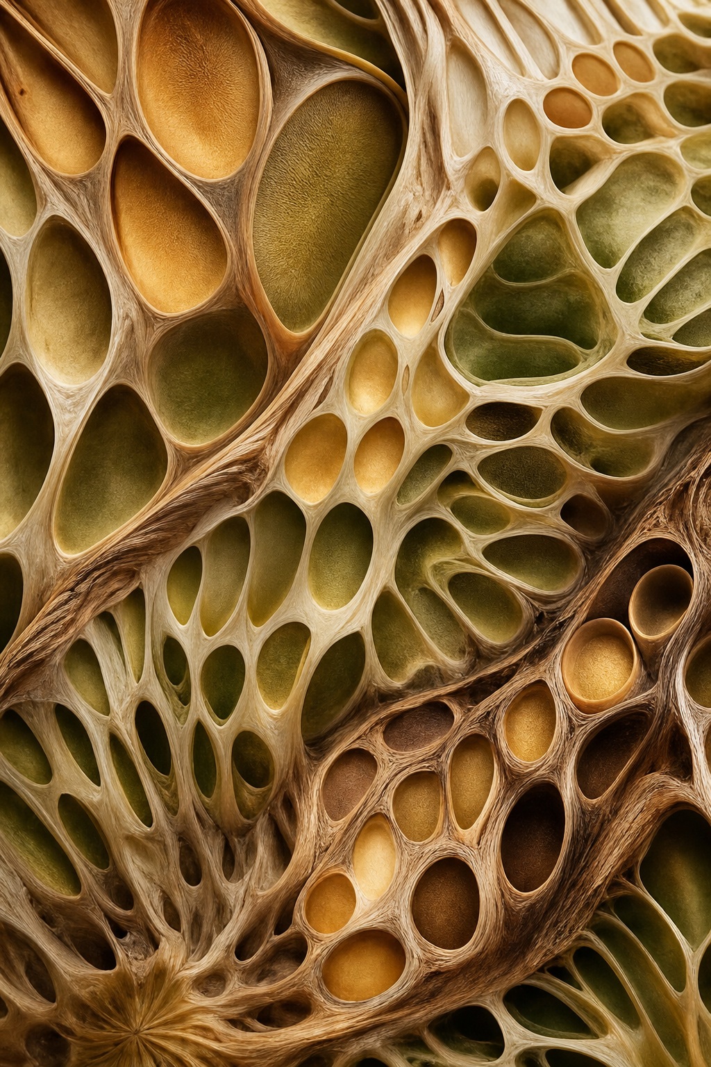 Warm abstract organic pattern with botanical seed pod-like openings and flowing texture