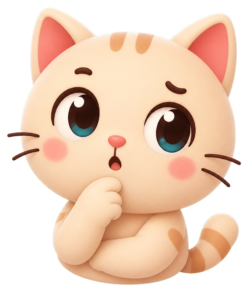 Cute cartoon cat with a curious expression and paw on its chin