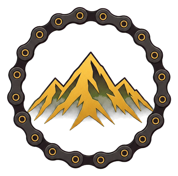Gold mountain peaks inside a circular chain loop on a dark background.