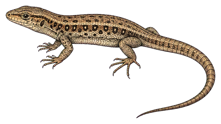 Vintage illustration of a spotted wall lizard with a long curled tail.