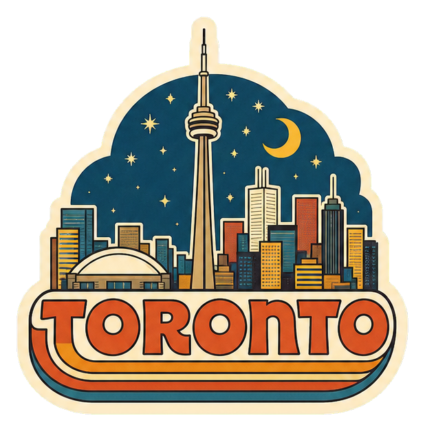 Retro Toronto word art with a skyline, moon, stars, and city buildings.