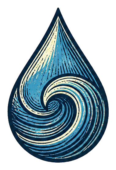 Blue woodcut-style water droplet with swirling line details.