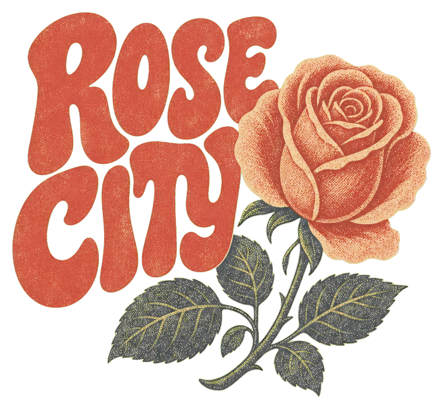 Retro Rose City text with a rose bloom and dark green leaves.