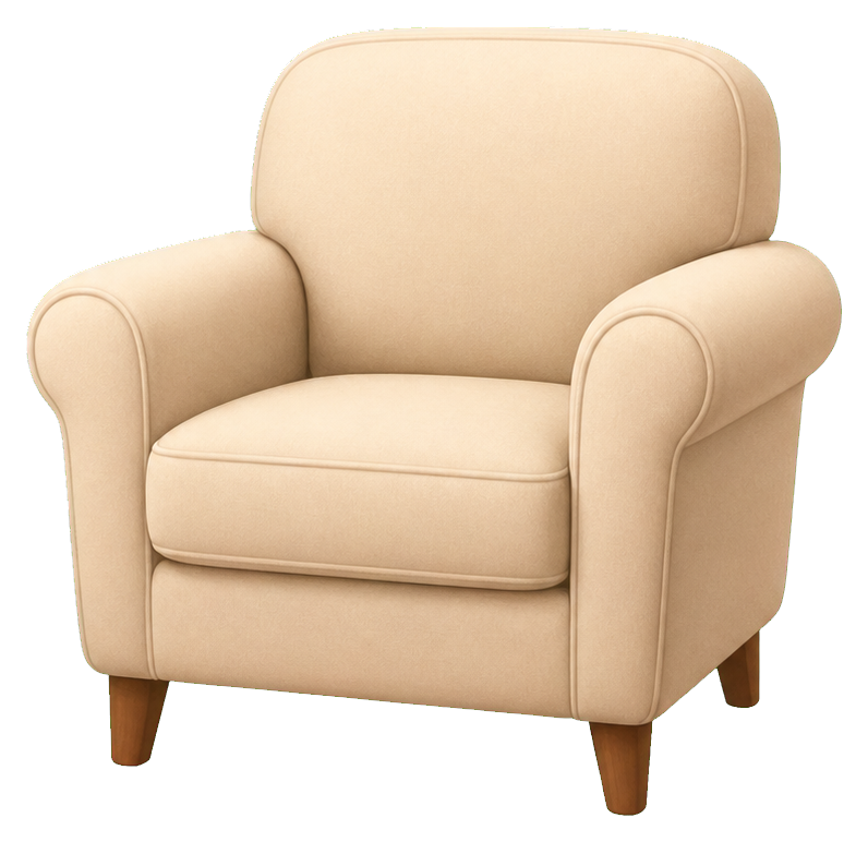 Beige upholstered armchair sticker with rounded arms and wooden legs