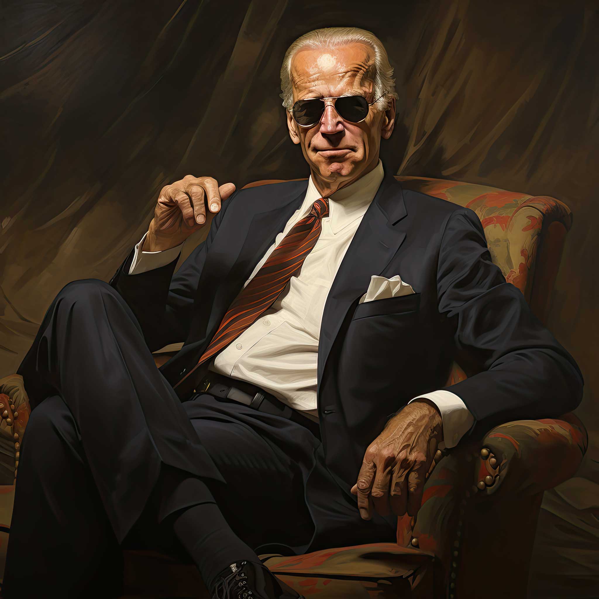 A suited man wearing sunglasses sits in an armchair with one hand raised.