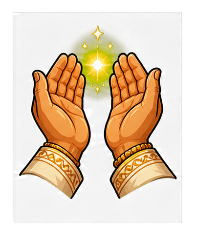Two raised hands framing a glowing light with decorative cuffs