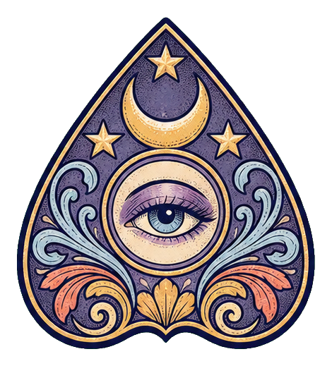 Teardrop talisman sticker with an eye, crescent moon, stars, and ornamental swirls