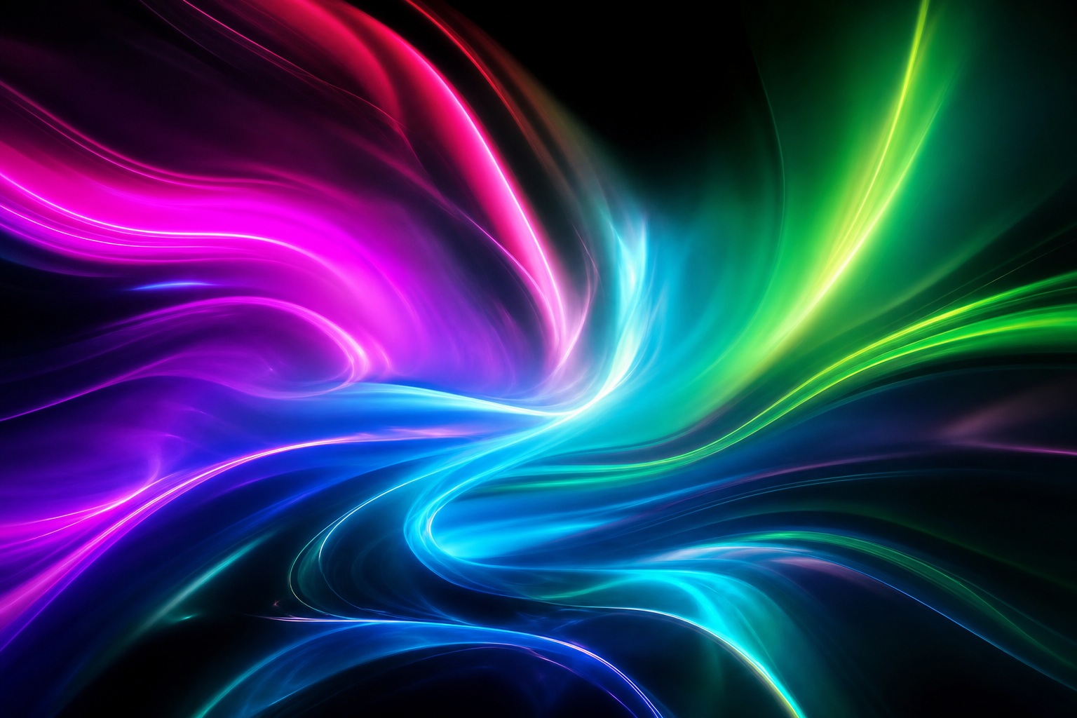 Colorful neon light trails swirling across a dark abstract background