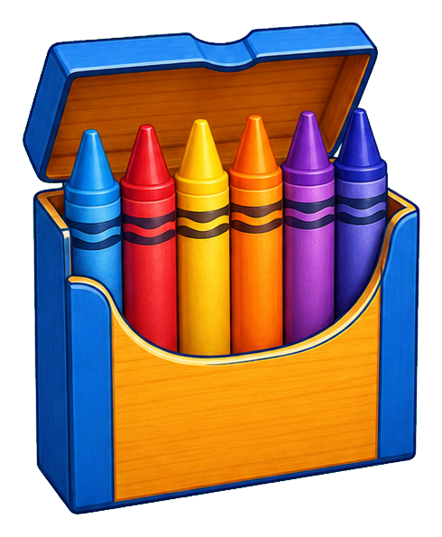 An open blue crayon box holding five colorful crayons
