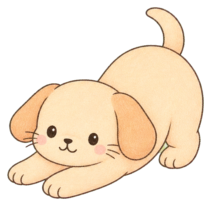 Cute cream puppy stretching forward with floppy ears and a curled tail