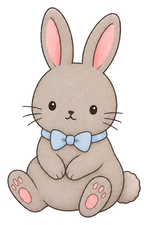 Cute beige rabbit sitting with pink ears, pink paw pads, and a light blue bow tie