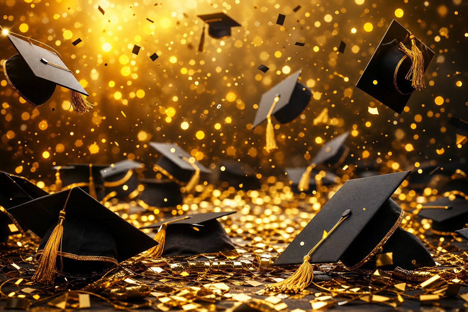 Graduation caps on a black and gold bokeh background with sparkling lights