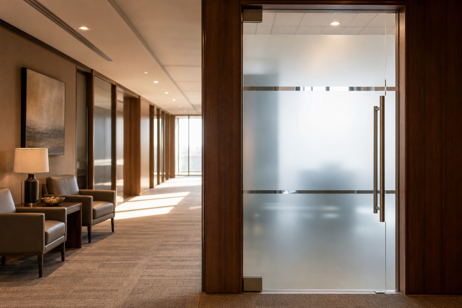 Bright law office corridor with frosted glass doors and natural light