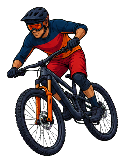 Cartoon mountain biker leaning into a sharp turn on a trail.