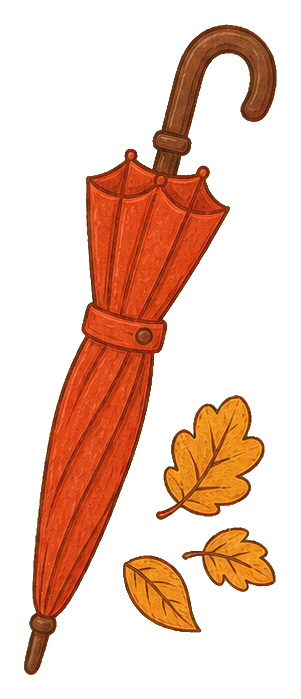 Orange umbrella with three yellow autumn leaves beside it