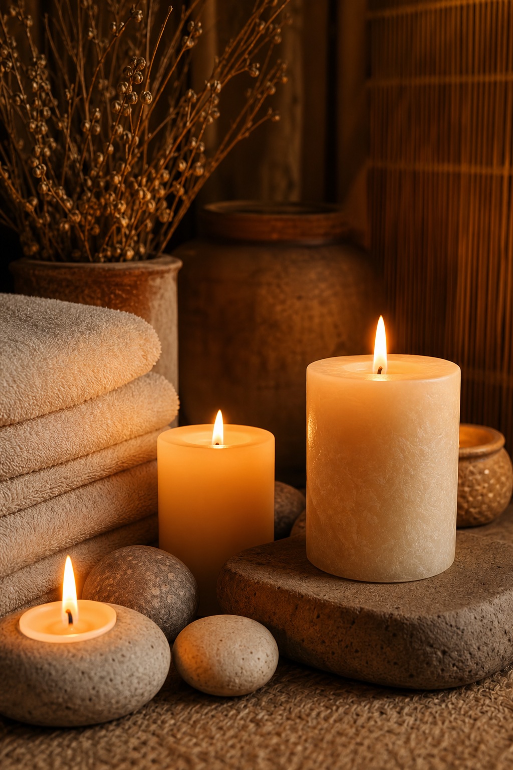 Three lit candles arranged with stones, rolled towels, and warm spa decor in soft light.