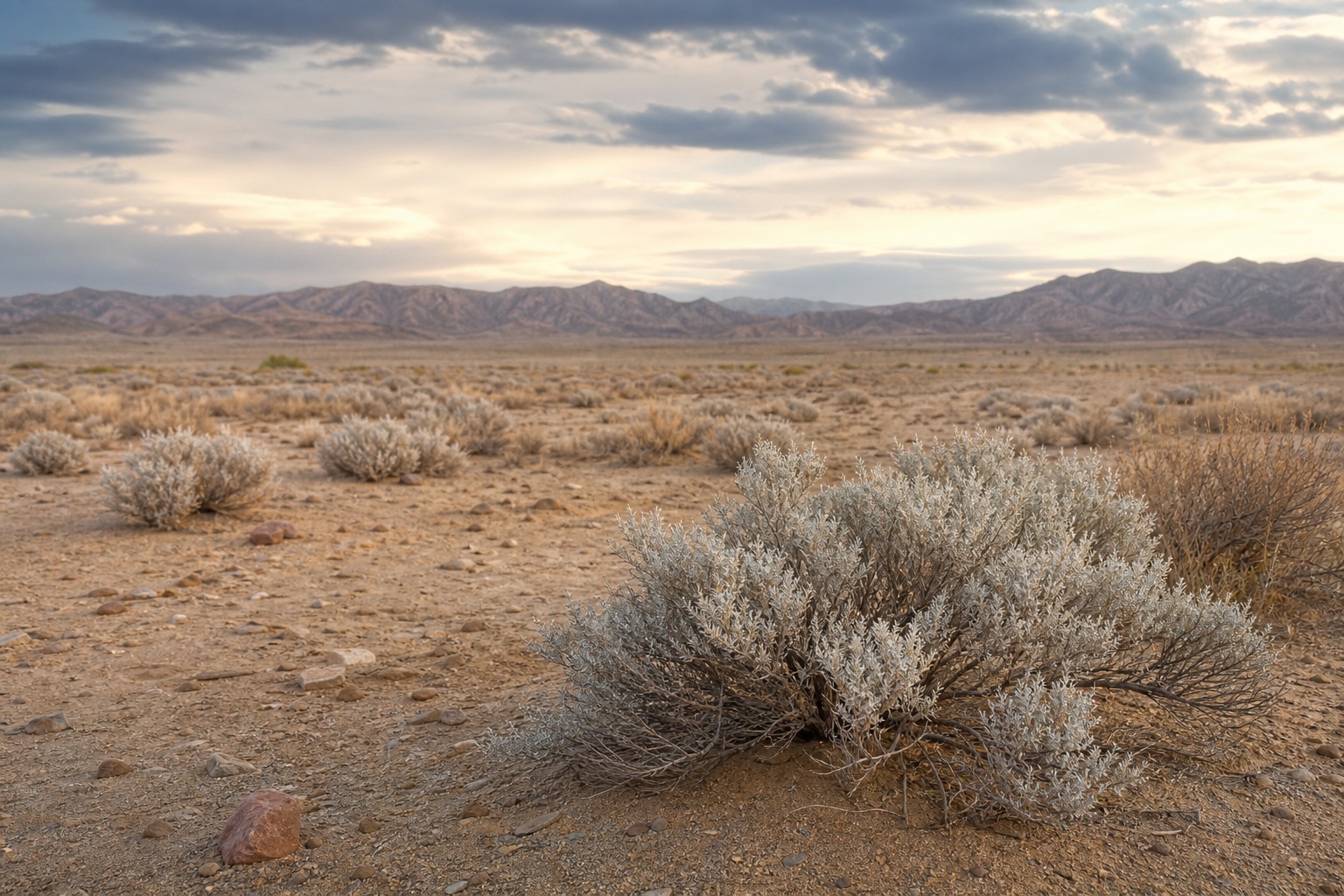 Dry desert shrubs in a wide canyon landscape with distant mountains and a soft cloudy sky.